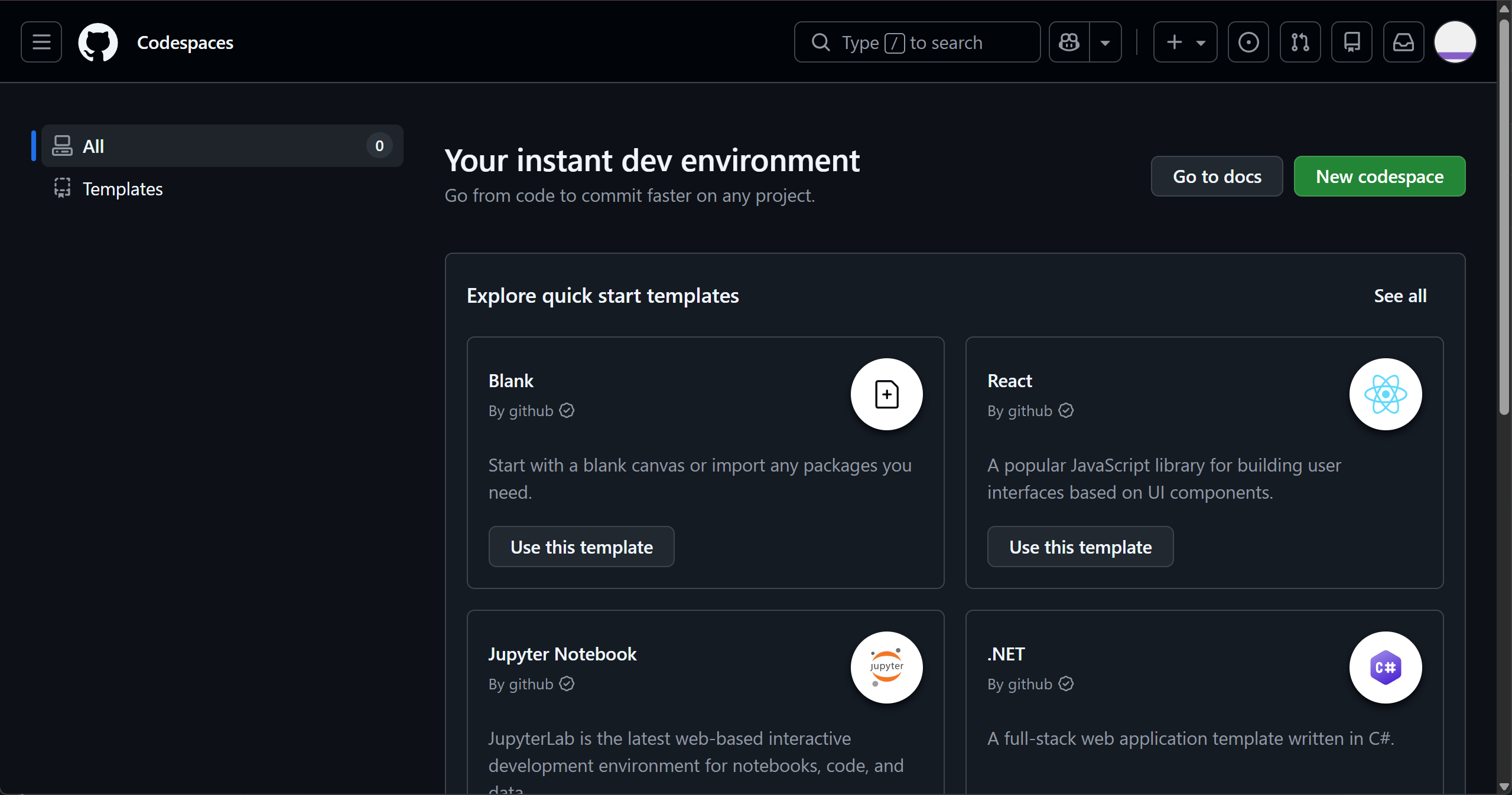 GitHub Codespaces Home Page